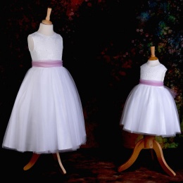 Girls White Diamante & Organza Dusky Pink Sash Dress