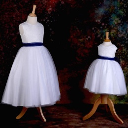 Girls White Diamante & Organza Navy Sash Dress