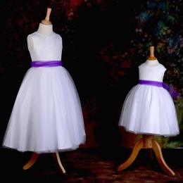 Girls White Diamante & Organza Dress with Purple Sash