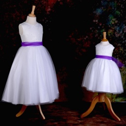 Girls White Diamante & Organza Dress with Purple Sash