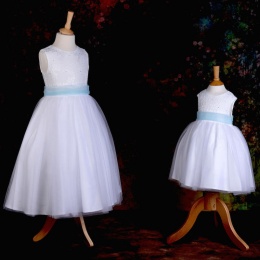 Girls White Diamante & Organza Sky Blue Sash Dress