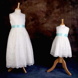 Girls Ivory Floral Lace Dress with Aqua Satin Sash