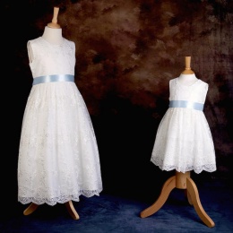 Girls Ivory Floral Lace Dress with Baby Blue Satin Sash
