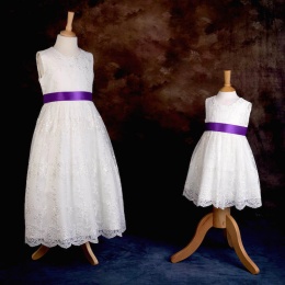 Girls Ivory Floral Lace Dress with Cadbury Purple Satin Sash