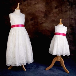 Girls Ivory Floral Lace Dress with Hot Pink Satin Sash