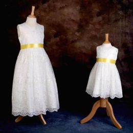 Girls Ivory Floral Lace Dress with Lemon Satin Sash