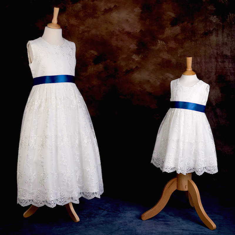 Girls Ivory Floral Lace Dress with Midnight Blue Satin Sash
