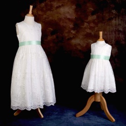 Girls Ivory Floral Lace Dress with Mint Satin Sash