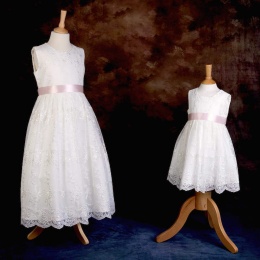Girls Ivory Floral Lace Dress with Pale Pink Satin Sash
