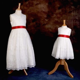 Girls Ivory Floral Lace Dress with Red Satin Sash