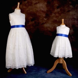 Girls Ivory Floral Lace Dress with Royal Blue Satin Sash