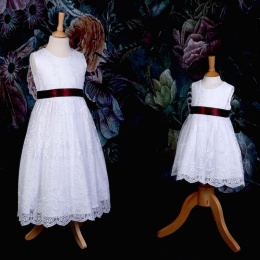 Girls White Floral Lace Dress with Burgundy Satin Sash