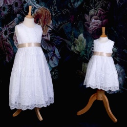 Girls White Floral Lace Dress with Champagne Satin Sash