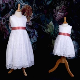 Girls White Floral Lace Dress with Coral Satin Sash