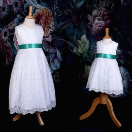 Girls White Floral Lace Dress with Jade Satin Sash