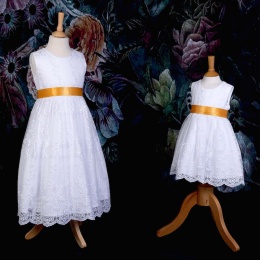 Girls White Floral Lace Dress with Marigold Satin Sash