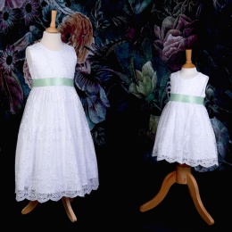 Girls White Floral Lace Dress with Mint Satin Sash