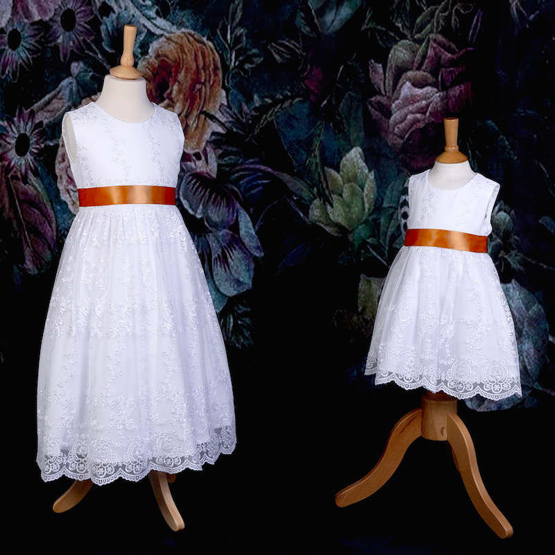 Girls White Floral Lace Dress with Rust Burnt Orange Satin Sash