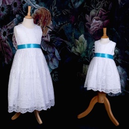 Girls White Floral Lace Dress with Turquoise Satin Sash