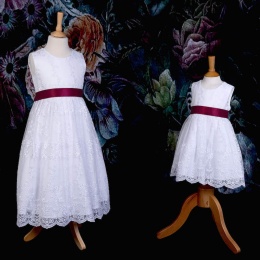 Girls White Floral Lace Dress with Wine Satin Sash
