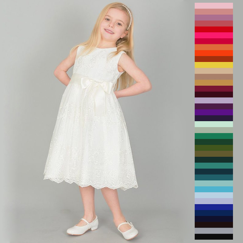 Girls Ivory Floral Lace Dress & Teal Satin Sash Flower Girl