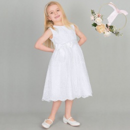 Girls White Floral Lace Dress with Satin Sash