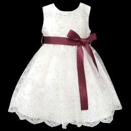 Girls Ivory Floral Lace Dress with Burgundy Satin Sash