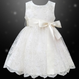 Girls Light Ivory Floral Lace Dress with Satin Sash