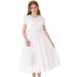 Girls White Diamante & Pearl Dress, Dolly Bag & Bolero