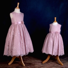 Girls Dusky Pink Fringe Lace Dress with Flower Sash