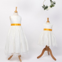 Girls Ivory Fringe Lace Dress with Marigold Satin Sash