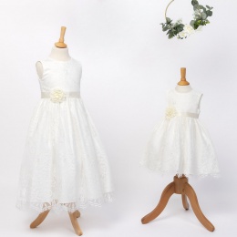 Girls Ivory Fringe Lace Dress with Flower Sash