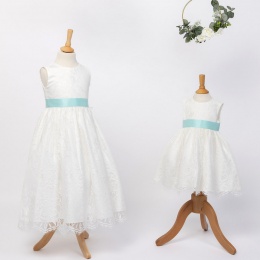 Girls Ivory Fringe Lace Dress with Aqua Satin Sash