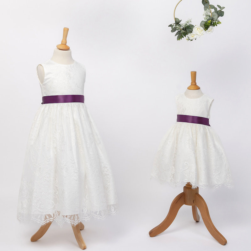 Girls Ivory Fringe Lace Dress with Aubergine Satin Sash