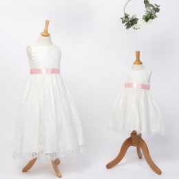 Girls Ivory Fringe Lace Dress with Baby Pink Satin Sash