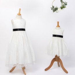 Girls Ivory Fringe Lace Dress with Black Satin Sash