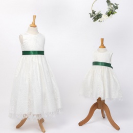 Girls Ivory Fringe Lace Dress with Bottle Green Satin Sash