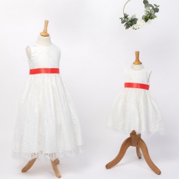 Girls Ivory Fringe Lace Dress with Bright Coral Satin Sash