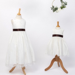 Girls Ivory Fringe Lace Dress with Brown Satin Sash