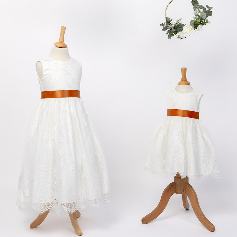 Girls Ivory Fringe Lace Dress with Rust Burnt Orange Satin Sash