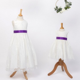 Girls Ivory Fringe Lace Dress with Cadbury Purple Satin Sash