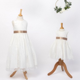 Girls Ivory Fringe Lace Dress with Caramel Satin Sash