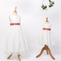 Girls Ivory Fringe Lace Dress with Coral Satin Sash