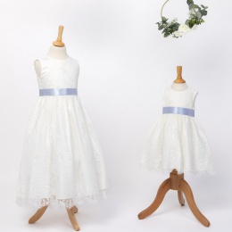 Girls Ivory Fringe Lace Dress with Cornflower Blue Satin Sash