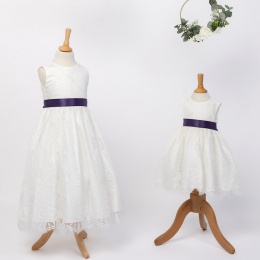 Girls Ivory Fringe Lace Dress with Dark Purple Satin Sash