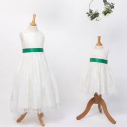 Girls Ivory Fringe Lace Dress with Emerald Green Satin Sash