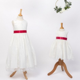 Girls Ivory Fringe Lace Dress with Fuchsia Pink Satin Sash