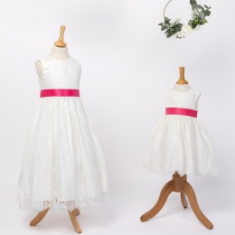 Girls Ivory Fringe Lace Dress with Hot Pink Satin Sash