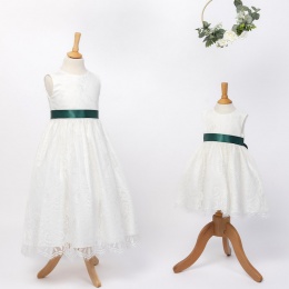 Girls Ivory Fringe Lace Dress with Hunter Green Satin Sash