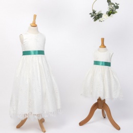 Girls Ivory Fringe Lace Dress with Jade Green Satin Sash